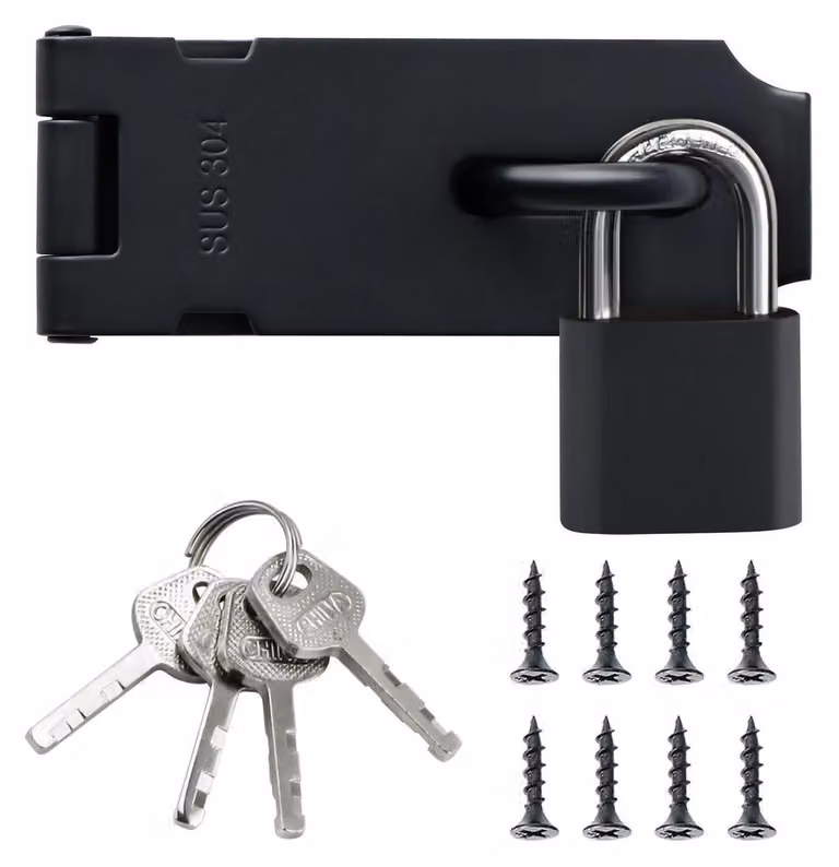 Chiusura di sicurezza in acciaio inossidabile nero, 144 mm, con lucchetto integrato | Sbarra di sicurezza per porte, finestre e recinzioni