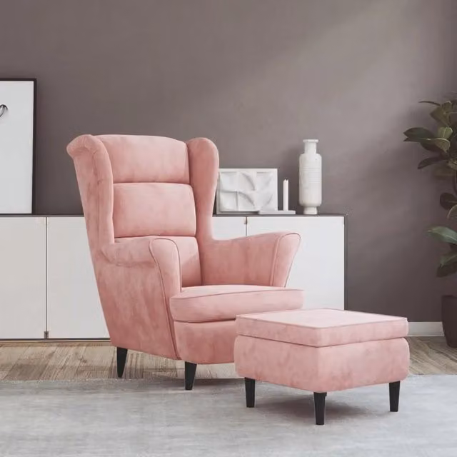 Poltrona con Schienale ad Ala e Poggiapiedi vidaXL in Velluto Rosa con Struttura in Legno e Imbottitura in Schiuma L: 96,5 cm, P: 78 cm, H: 90 cm – 1
