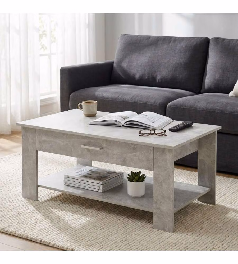 Tavolino da salotto Cosma Myrto rettangolare con cassetto e ripiano inferiore, colore grigio effetto cemento, L: 110 cm, P: 60 cm, H: 44 cm – 1