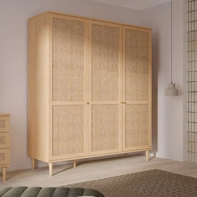 Armadio Livia 3 ante frontali effetto rattan intrecciato colore rovere 165x52x208H
