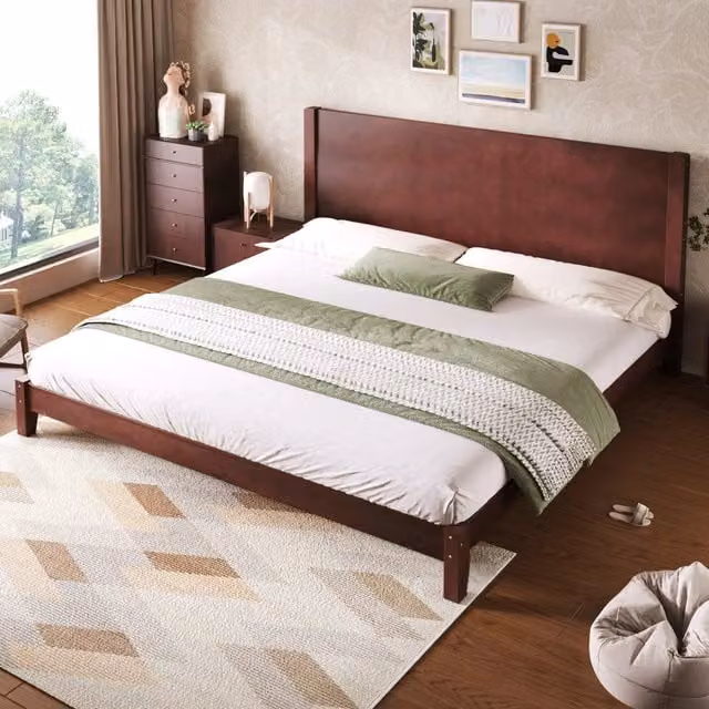 Letto matrimoniale 180 × 200 cm in MDF e compensato marrone con testiera e 11 doghe, senza materasso