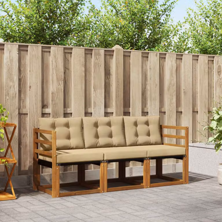 Set di divani da esterno vidaXL in legno di acacia e textilene, colore beige, composto da 3 pezzi con cuscini inclusi