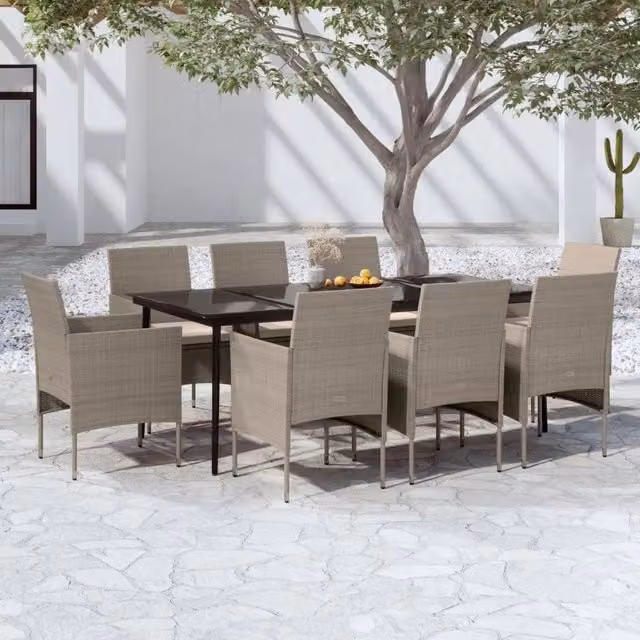 Set da pranzo da giardino vidaXL in polyrattan con cuscini beige e nero e tavolo in vetro
