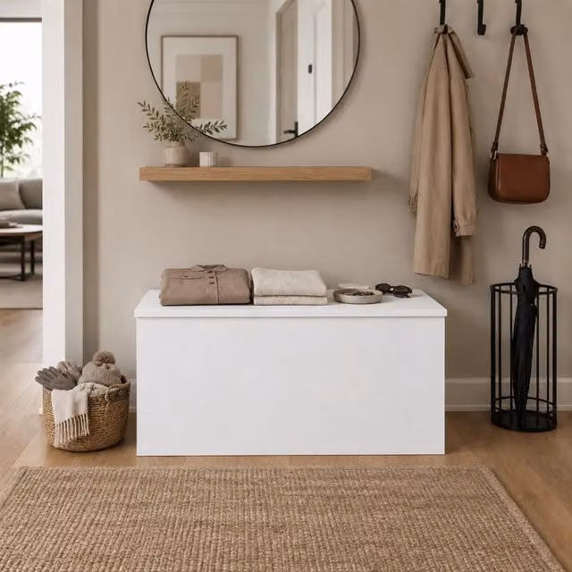 Cassapanca Contenitore The White Stone Bianca con Coperchio Soft Close, Baule Multiuso Moderno L: 90 cm, P: 45 cm, H: 45 cm