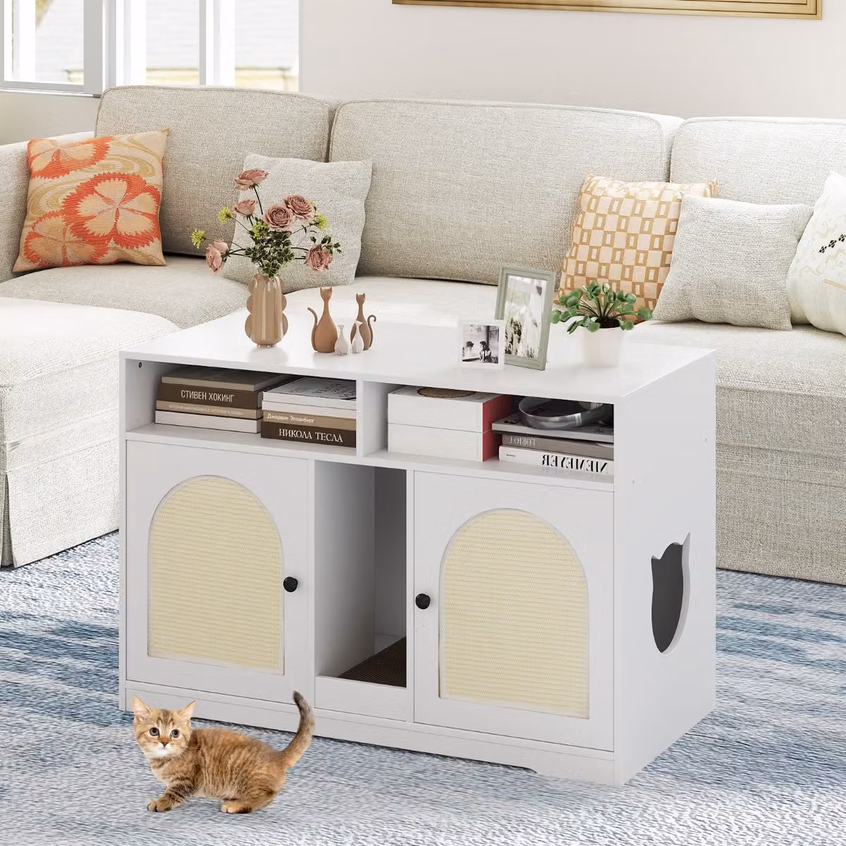 Armadietto moderno per gatti Costway in legno con due stanze e due tappetini in sisal sostituibili, Bianco