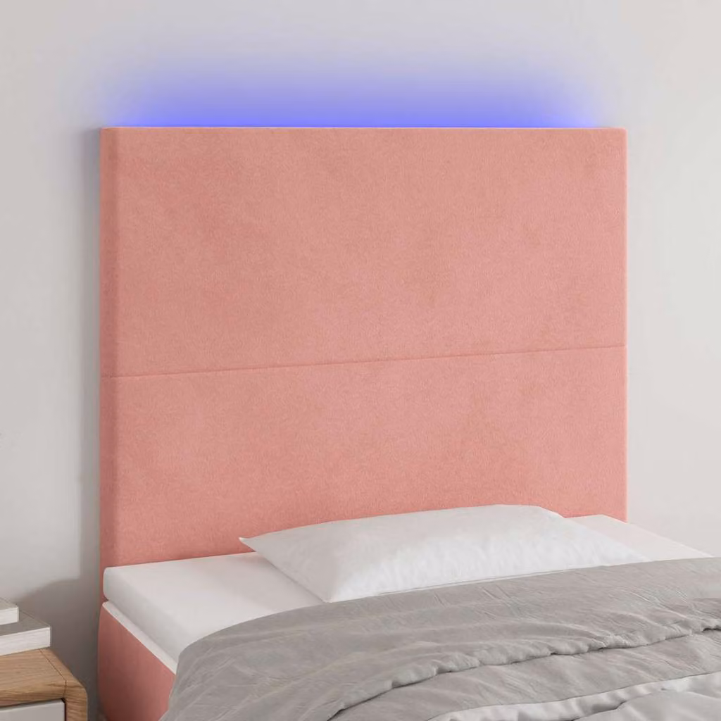 Testiera per letto vidaXL in velluto rosa con illuminazione LED integrata e porta di ricarica USB, L: 100 cm, P: 5 cm, H: 118-128 cm