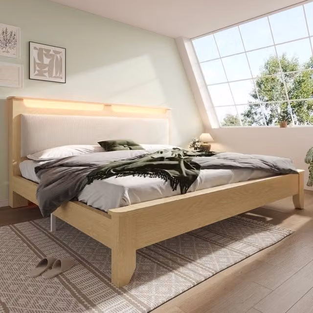 letto in legno e corduroy beige 165 x 215 cm