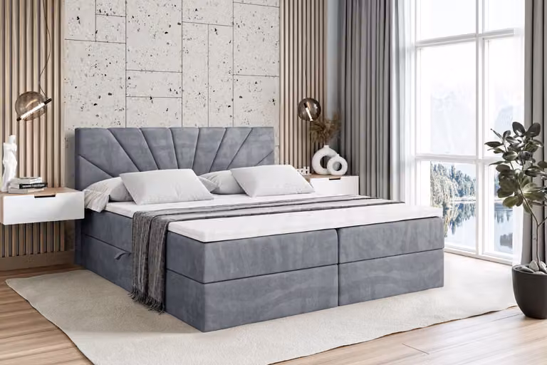 Letto boxspring ALTDECOR con materasso H3 e topper - 120 x 200 cm - MILTIO - Velluto grigio - Letto imbottito con contenitore e rete a doghe, letto con spazio contenitivo
