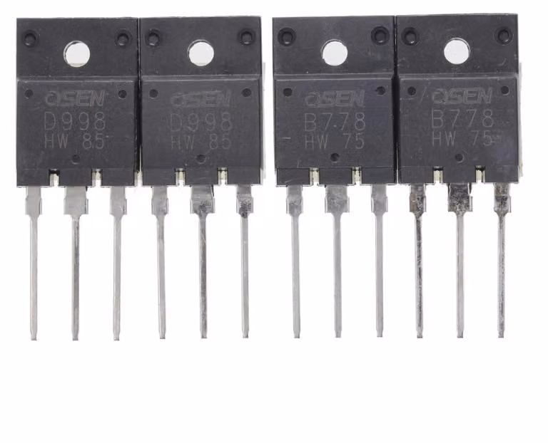 2 coppie di transistor di potenza al silicio NPN e PNP, modello B778 + D998, con package TO-3PF, tensione di 120V, corrente di 10A e potenza di 100W