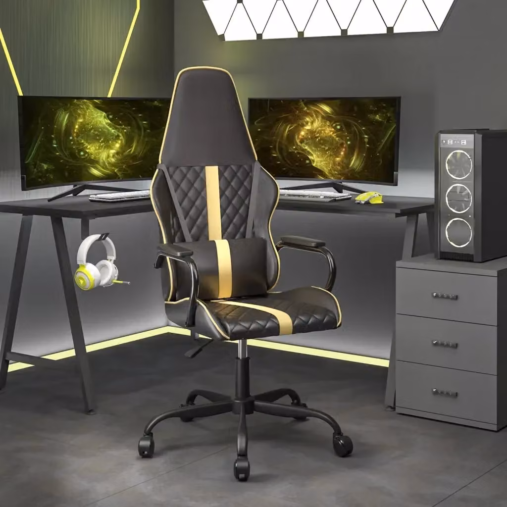 Sedia da Gaming Nera e Oro in Similpelle con Poggiatesta e Ruote per Adulti – 2