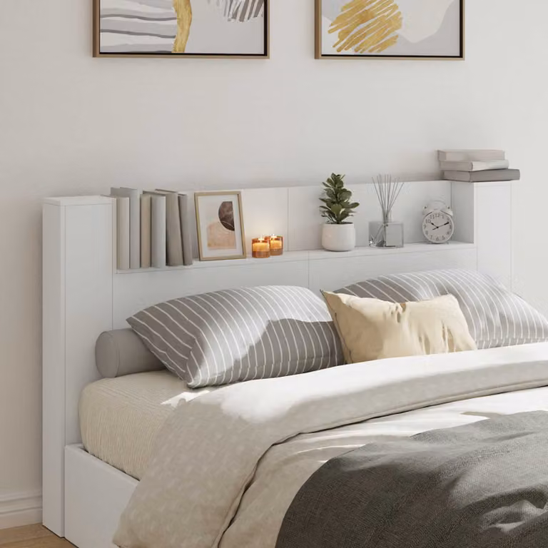 Testiera con stoccaggio e illuminazione LED vidaXL, colore bianco, in legno ingegnerizzato, L: 180 cm, H: 103,5 cm, P: 16,5 cm