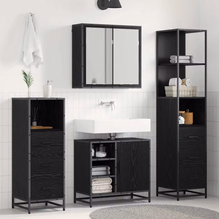 Set di mobili per il bagno moderno vidaXL in 3 pezzi, colore nero e rovere, con armadietto a specchio, mobile lavabo e colonna alta, L/P/H: 65 x 33 x 166 cm