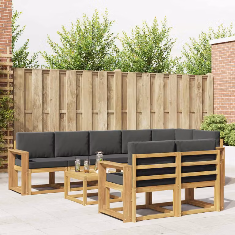 vidaXL Set di divani da esterno a L composto da 9 pezzi in legno di acacia con tavolino e cuscini, Bianco, Antracite e Marrone