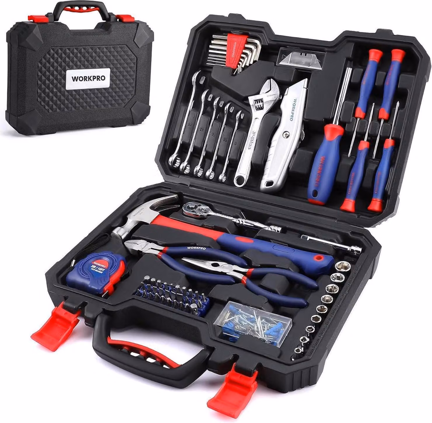 Set di utensili WORKPRO da 106 pezzi con custodia - pinze, cacciavite, martello, metro, coltello, cricchetto