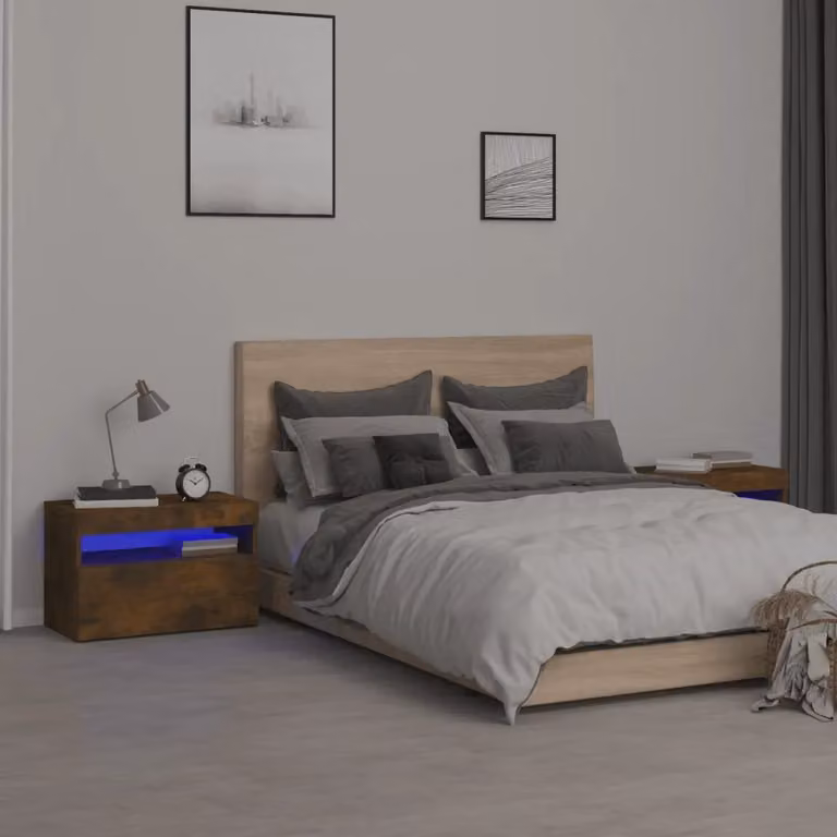 Set di 2 comodini vidaXL con luci LED in rovere fumo, L: 60 cm, P: 35 cm, H: 40 cm