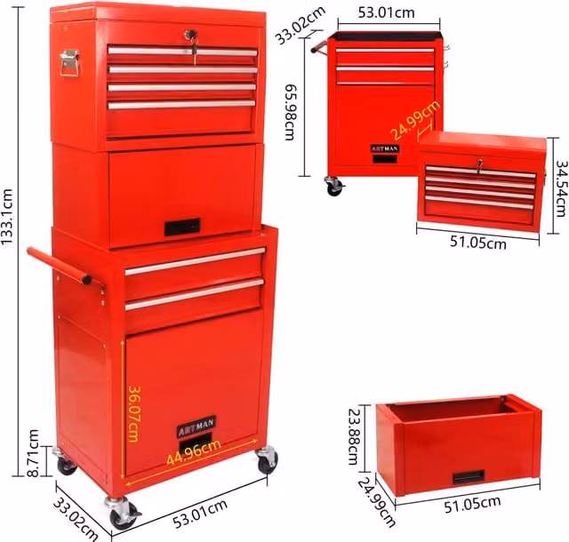 Carrello portautensili rosso in acciaio con 6 cassetti