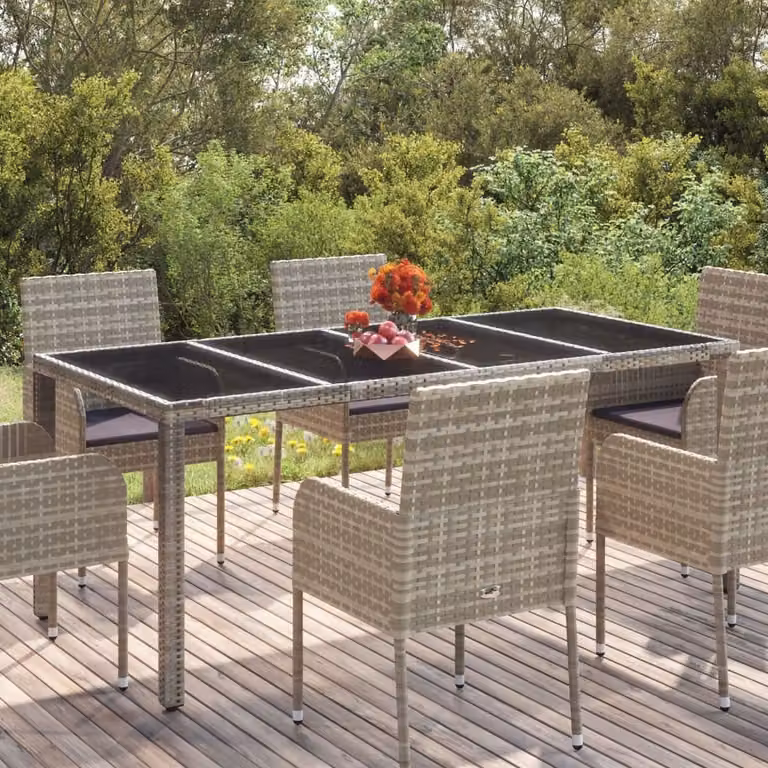 The Living Store Tavolo da giardino con piano in vetro grigio 190x90x75 cm in poly rattan