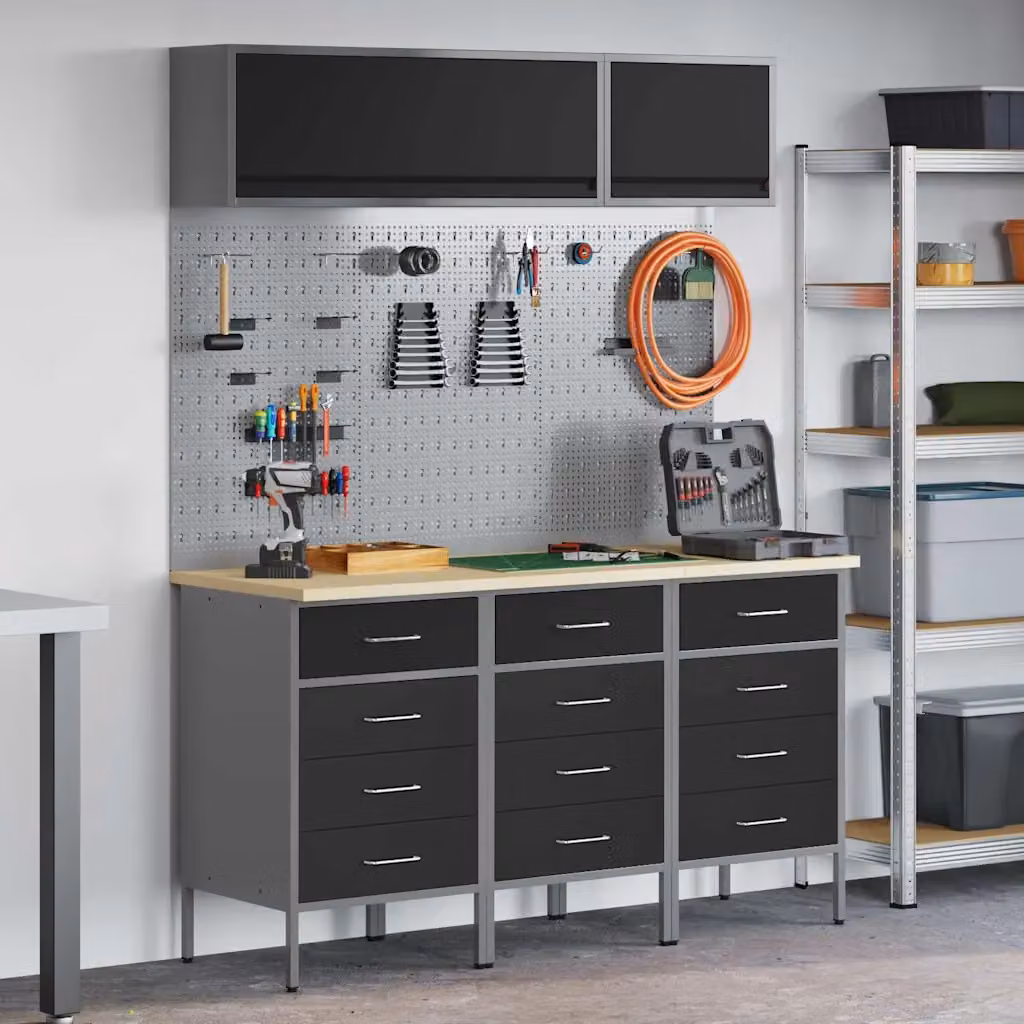 Set di mobili da lavoro vidaXL 8 pezzi in acciaio e legno con ante e cassetti, Nero