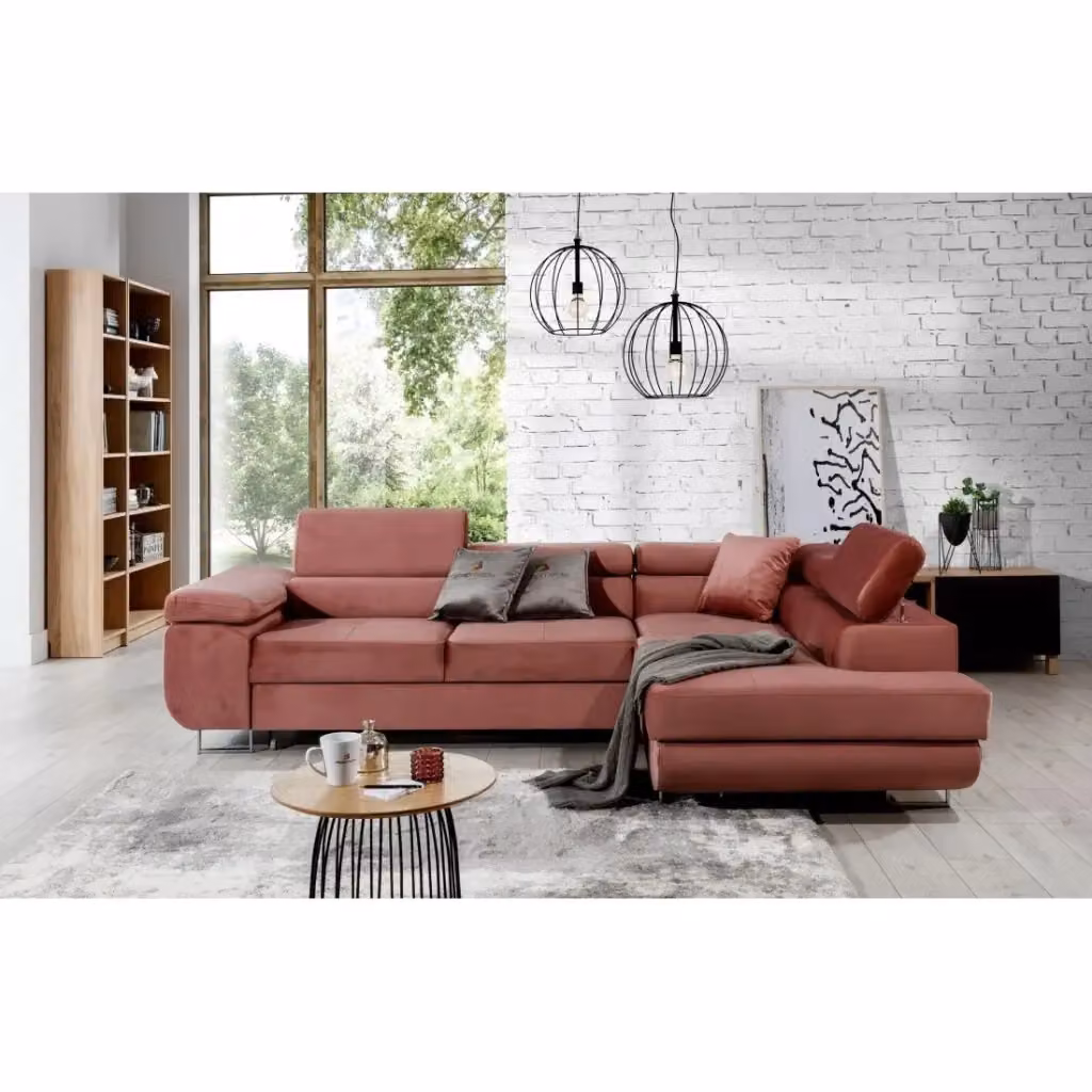 Divano ad angolo convertibile MENTON MEUBLORAMA in velluto rosa con angolo destro, funzione letto e vano contenitore, L 272 cm x P 151 cm x H 85 cm – 2
