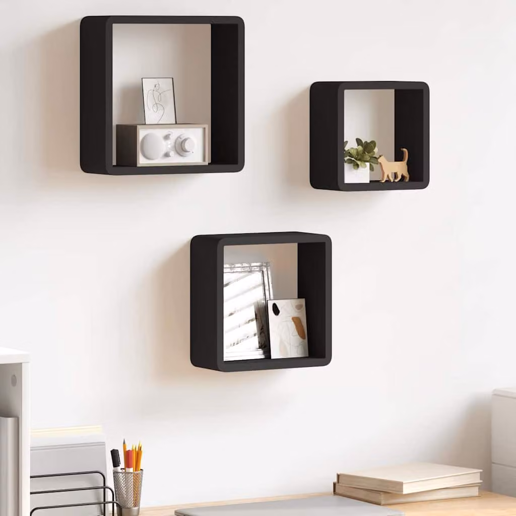 Set di 3 mensole a cubo da parete vidaXL nere in MDF con finitura opaca