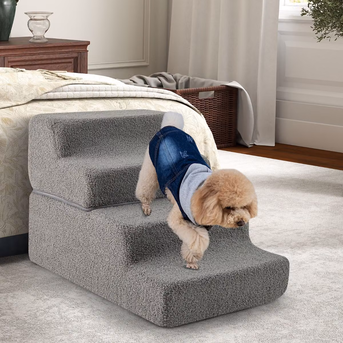 Rampa per cani Costway pieghevole con 4 gradini in schiuma, fondo antiscivolo e copertura rimovibile, Grigio