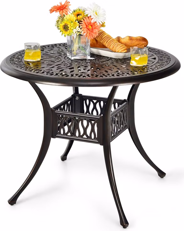Tavolo da giardino con foro per ombrellone COSTWAY, tavolo da balcone rotondo Ø90x72cm in fusione di alluminio, tavolo da patio resistente alle intemperie, aspetto antico