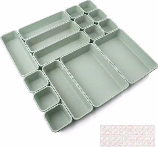 Uniqoos® Set di 16 divisori per cassetti – organizer modulare per cassetti, colore verde, realizzato in plastica di alta qualità, con 40 piedini in silicone antiscivolo, ideale per cucina, bagno e ufficio
