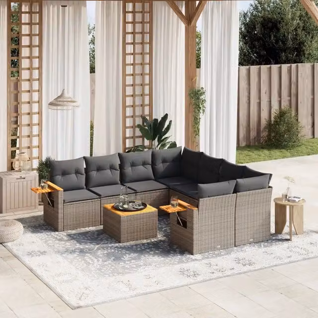 Set Divano da Giardino 9 pz con Cuscini Grigio in Polyrattan 3259071
