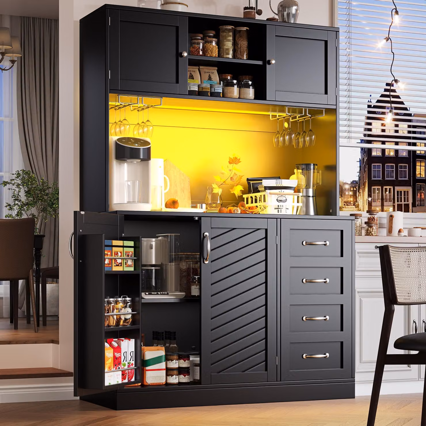 Credenza da cucina Flieks con illuminazione a LED, portabottiglie, 4 ante e 2 ampi cassetti, credenza 120x40x188 cm, mobile da buffet, nero