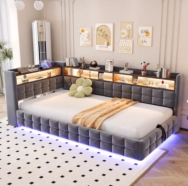 Divano letto moderno imbottito in tessuto grigio con illuminazione LED e ricarica USB L/P/H: 90 x 200 cm
