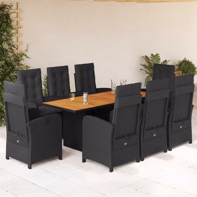 Set da Pranzo da Giardino vidaXL in Polyrattan e Legno di Acacia Nero e Marrone con 9 Pezzi