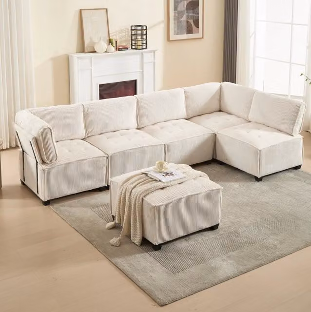 Divano modulare 308x154x82 cm in tessuto beige, 6 posti, con tasche laterali –