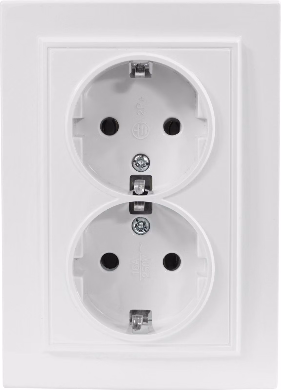 Prese di corrente Schuko doppie, 230V, serie QUADRA, colore bianco