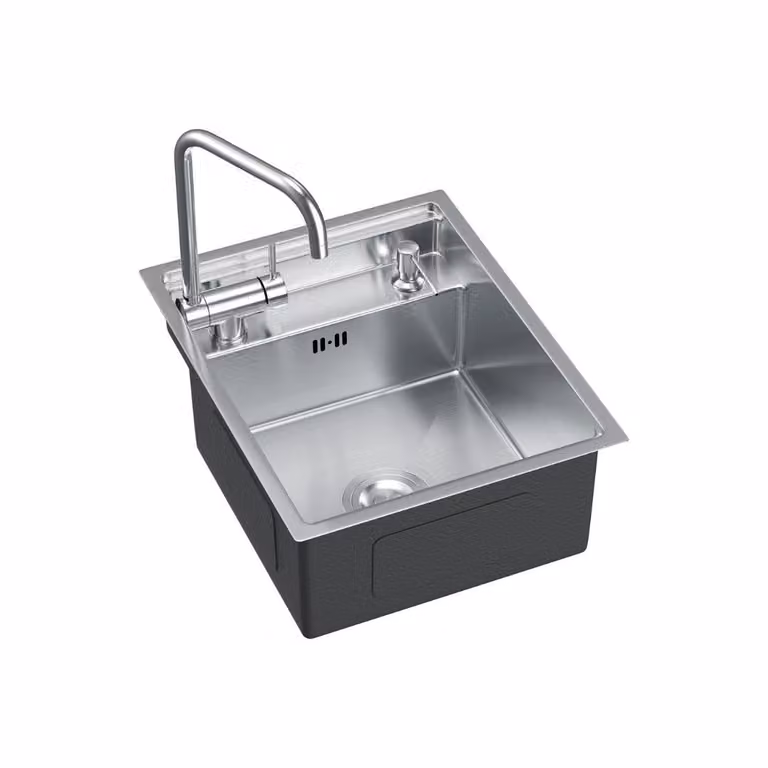 Lavello da cucina VBChome 40x50 cm in acciaio inossidabile con rubinetto ribaltabile; lavello con bordo piatto, comprensivo di dispenser per sapone, sifone e copertura; mobile base a partire da 50 cm