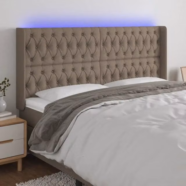 Testiera moderna vidaXL in tessuto beige con illuminazione LED integrata e porta di ricarica USB L: 203 cm, P: 16 cm, H: 118-128 cm