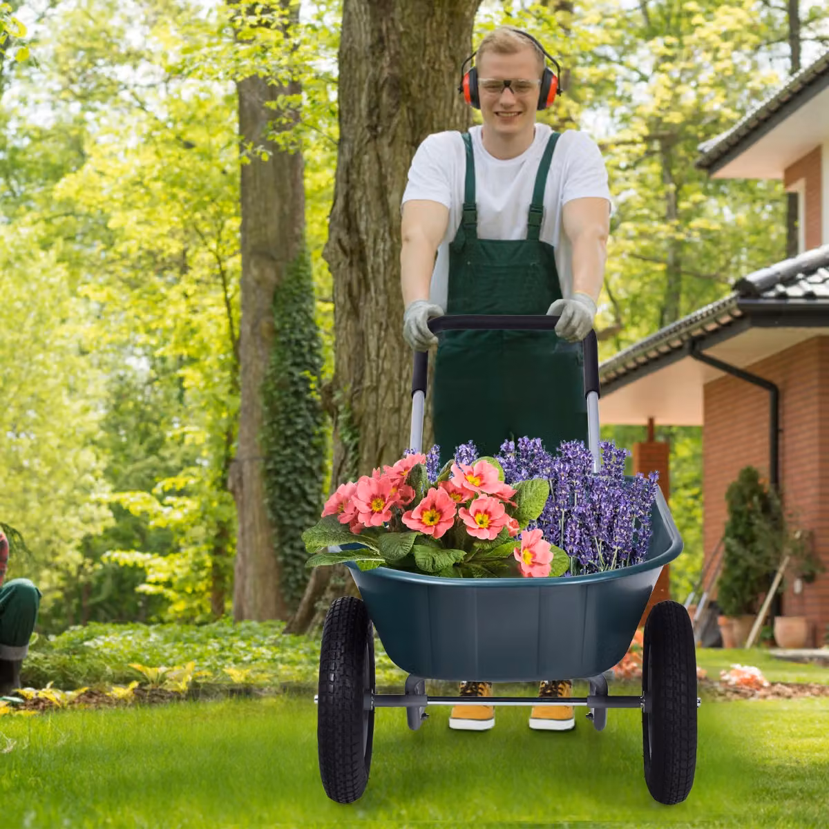 Carriola da giardino Costway con 2 ruote in acciaio e plastica, verde, capacità di carico 100kg