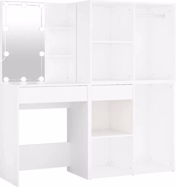 Toeletta | Tavolo da Trucco LED con 2 Armadietti in Legno Multistrato Bianco