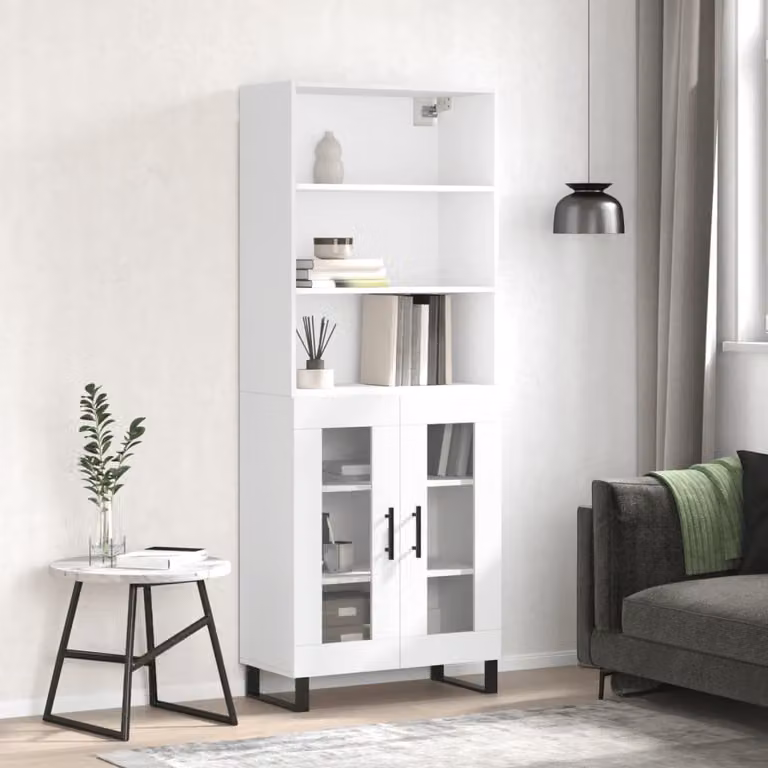 Credenza moderna vidaXL bianca in legno multistrato, vetro e metallo, L: 69,5 cm, P: 34 cm, H: 180 cm