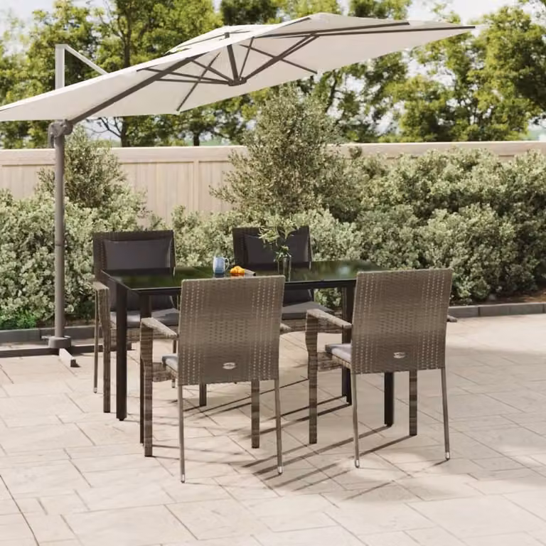 The Living Store Set da pranzo da giardino 5 pezzi con cuscini in poly rattan nero e grigio