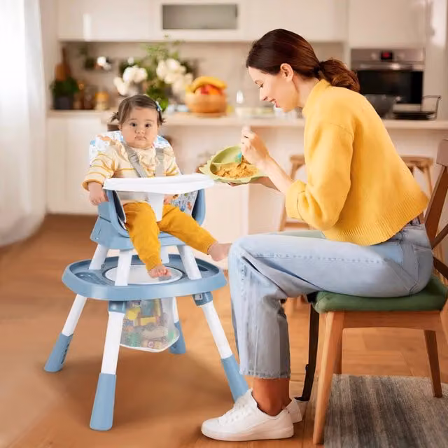 Seggiolone convertibile 16-in-1 multifunzionale con vassoio rimovibile e cintura, Set tavolo e sedia per bambini, Blu