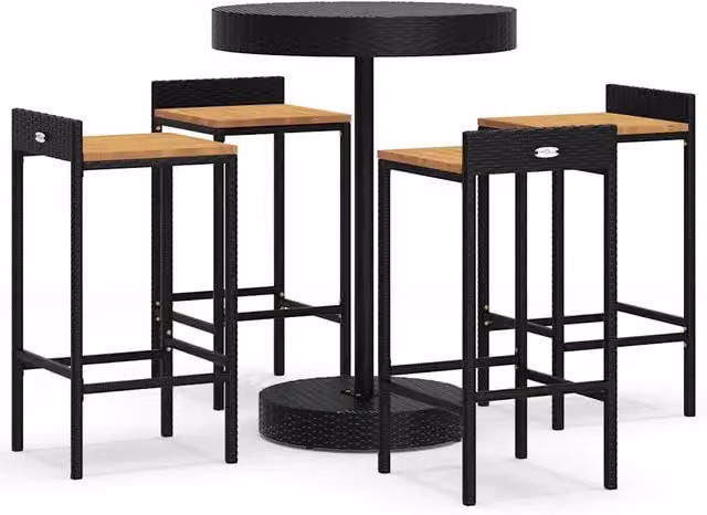Set Bar Giardino 5 pz | Set Salotto da Giardino Nero Polyrattan e Legno Massello Acacia