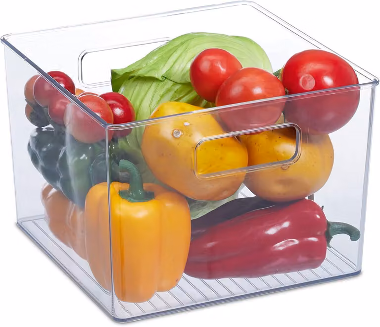 Organizzatore per frigorifero - Set di 2 - Contenitore per alimenti - 15,5 x 21 x 21 cm - Contenitore da cucina con maniglie - Trasparente