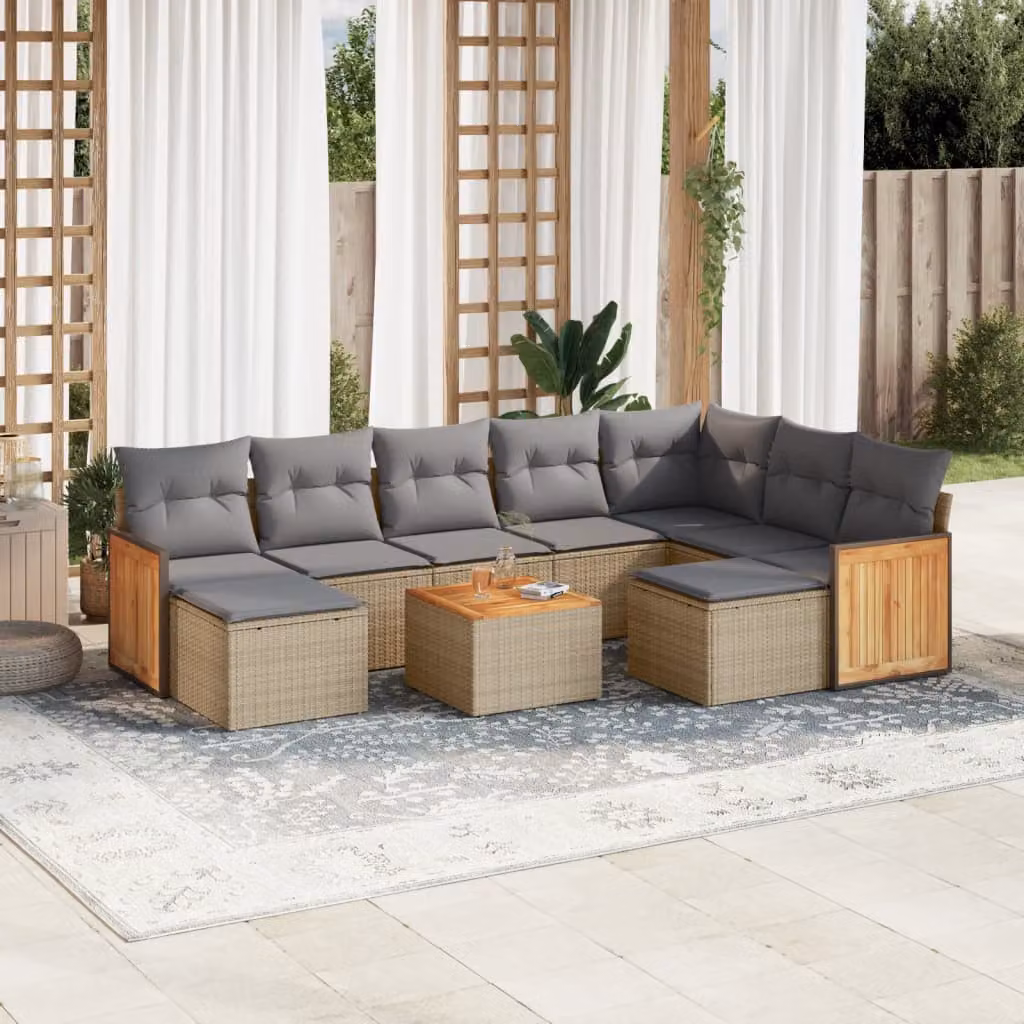 vidaXL Set Divano da Giardino 10 pz in Polyrattan con Cuscini Beige e Tavolino da Esterno – 1