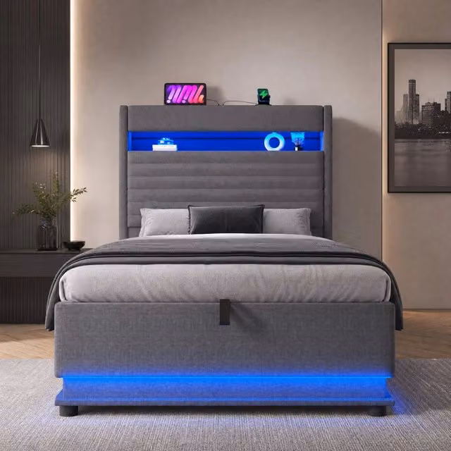 Letto imbottito 90x200 cm con vano contenitore idraulico; LED; USB e Type-C; lino grigio