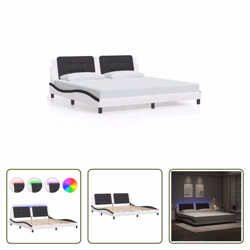 The Living Store Struttura letto con LED bianco e nero 200x200 cm in ecopelle