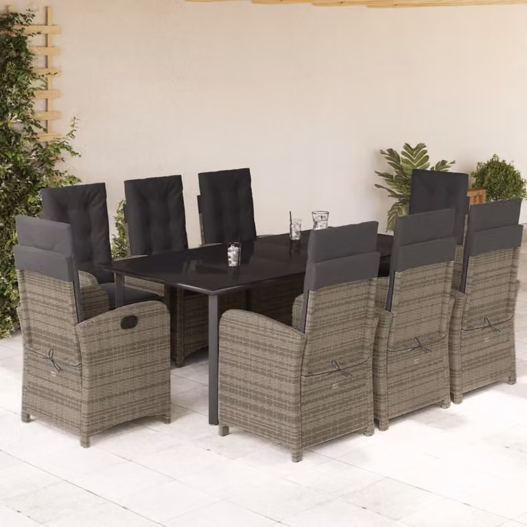 Set da Pranzo da Giardino vidaXL in Polyrattan Grigio e Nero con Cuscini e Tavolo in Vetro, 9 Pezzi