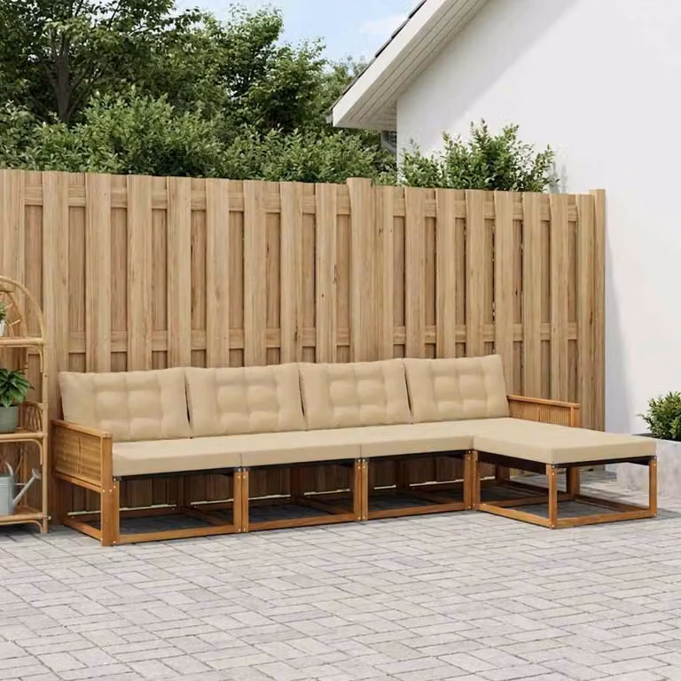 Set di divani da esterno vidaXL a forma di L in legno di acacia e textilene, colore beige e marrone, con pouf e cuscini inclusi