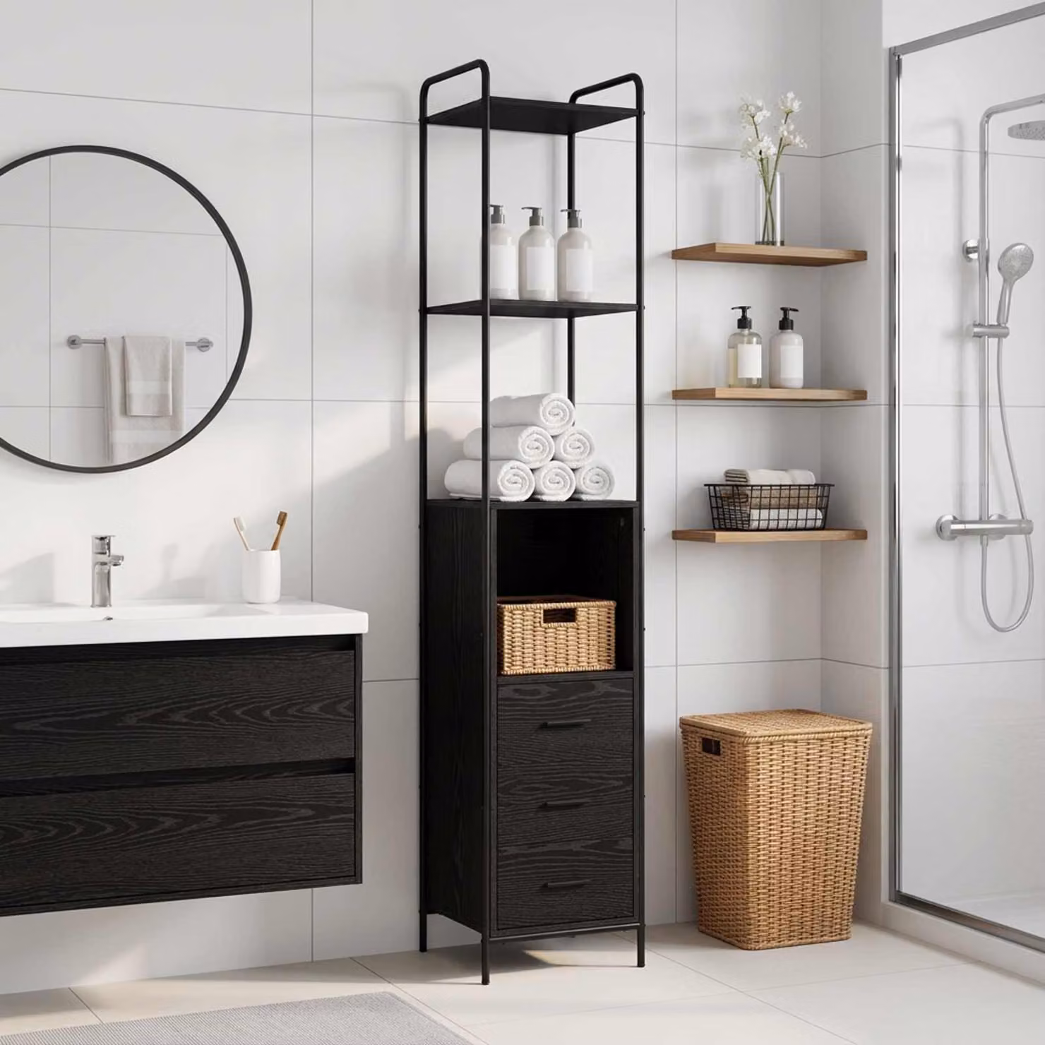 vidaXL Mobile da Bagno Rovere Nero 40 x 36 x 200,5 cm