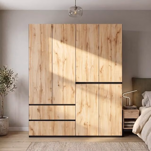 Armadio 180 x 50 x 200 cm; 6 ante a battente; 2 aste appendiabiti; 5 cassetti; design classico; rovere Artisan/bianco