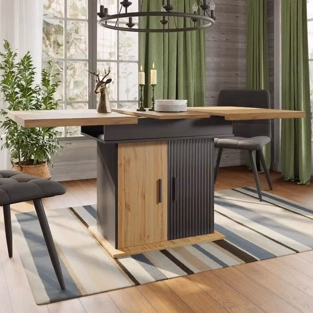 Tavolo da pranzo estensibile 110-140 x 80 cm nero e naturale – vano contenitore